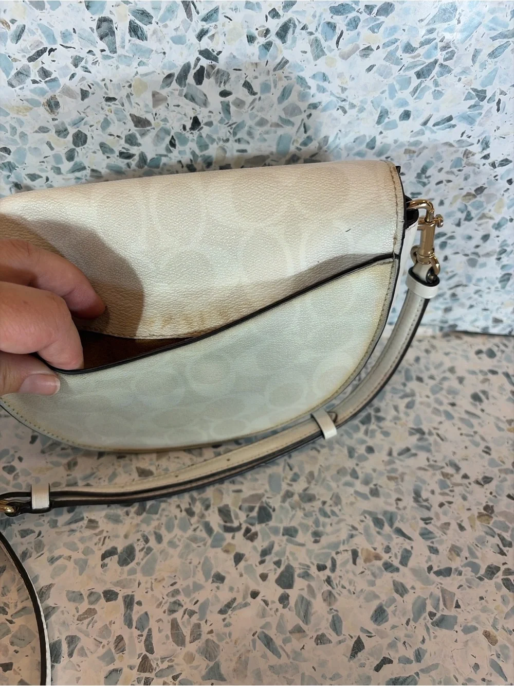 Coach Cream Signature Half-Moon Crossbody with Gold Hardware